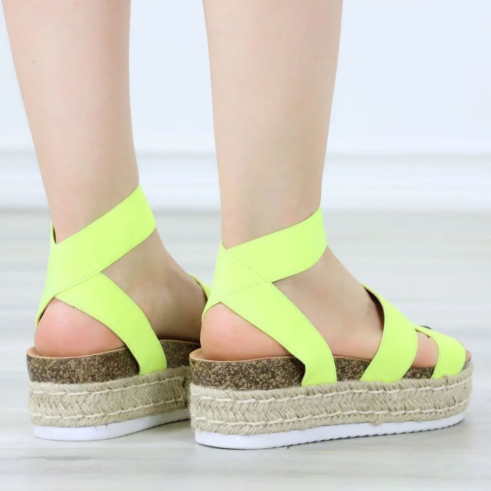 Neon Yellow Elastic Strappy Sandals Espadrille Platform Heel - Picture 3 of 11